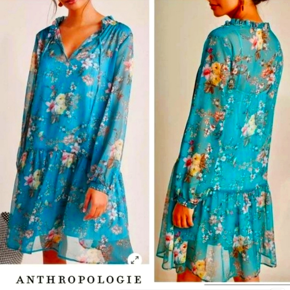 Anthro Maeve Emma Teal Floral Mini Dress